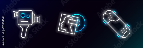 Set line Skateboard trick, Retro cinema camera and Vinyl disk icon. Glowing neon. Vector