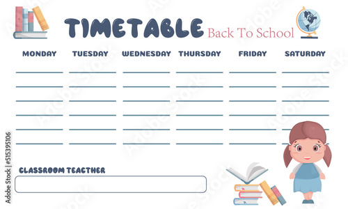 Ready-made timetable template for elementary school. School weekly template. Planner for school.