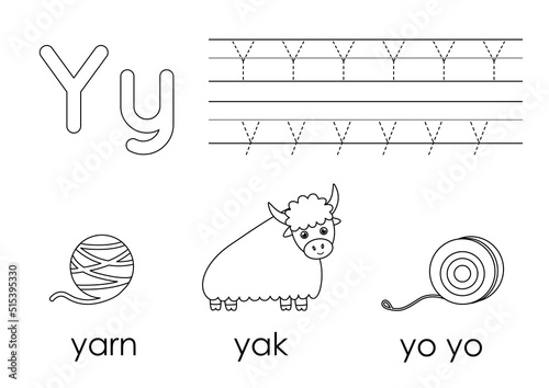 Learning English alphabet for kids. Letter Y. Coloring book.