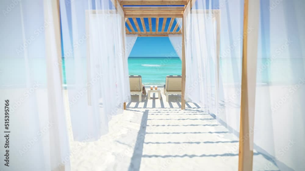 Paradise beach with azure water. Relax on the pergola with two sun loungers and drinks. Paradise beach with azure water. Relax on the pergola with two sun loungers and drinks.