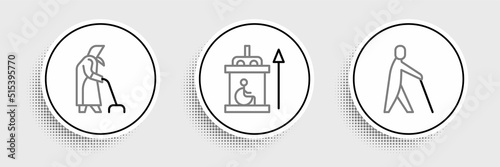 Set line Blind human holding stick, Grandmother and Elevator for disabled icon. Vector
