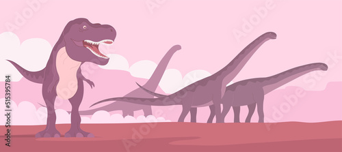 Tyrannosaurus rex hunts a herd of herbivorous sauropods. Carnivorous dinosaur and alamosaurus with a long neck. Big lizard of the Jurassic period. Prehistoric animals. Cartoon vector illustration