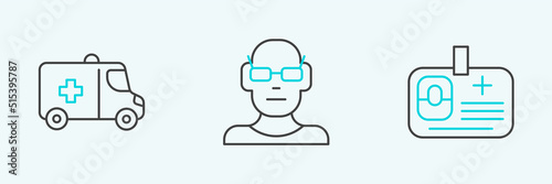 Set line Identification badge, Emergency car and Poor eyesight icon. Vector