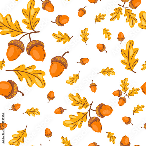 Seamless pattern of oak leaves with acorns. Image of autumn plant.