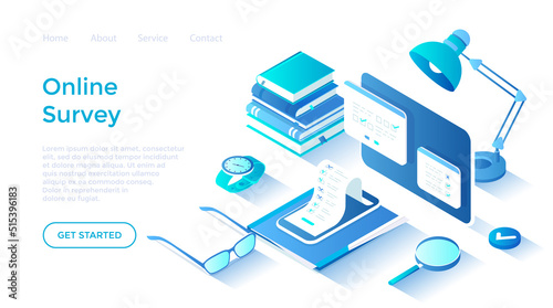 Online Survey and Polling. Internet mobile questionnaire. Survey form on on tablet and phone screens. Isometric illustration. Landing page template for web on white background.