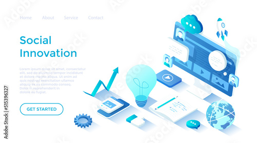 Social Innovation, Idea, Strategy, Technology, Innovative Approaches. Isometric illustration. Landing page template for web on white background.