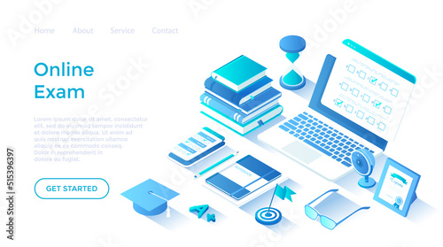 Online Exam Test Concept. Distant Education. Questionnaire form on the laptop screen and phone, books, notebooks, calendar. Isometric illustration. Landing page template for web on white background.