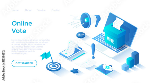 Online voting. E-voting, election internet service, online choice. Ballot box with blank. Voting ballot on the phone screen.Isometric illustration. Landing page template for web on white background.