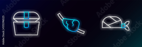 Set line Pirate bandana for head, Antique treasure chest and eye patch icon. Glowing neon. Vector