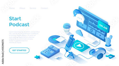 Record an audio podcast. Online podcast, Blog, Radio Show. Podcasting studio equipment and app. Isometric illustration. Landing page template for web on white background.