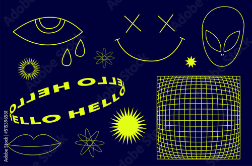 Acid Rave set. Psychedelic trippy line yellow  illustrations