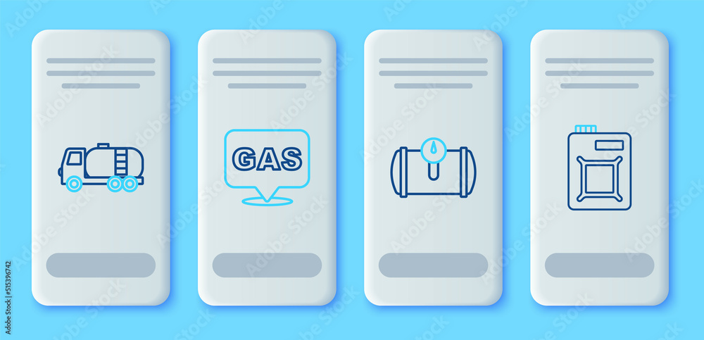Set line Location and gas station, Gas tank for vehicle, Tanker truck and Canister motor oil icon. Vector