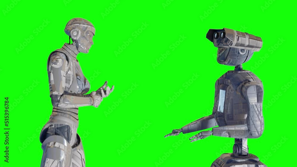 two talking cyborg robots androids concept of the technical progress and robotics machine learning render 3d looping on green background two talking cyborg robots androids concept of the technical progress and robotics machine learning render 3d looping on green background