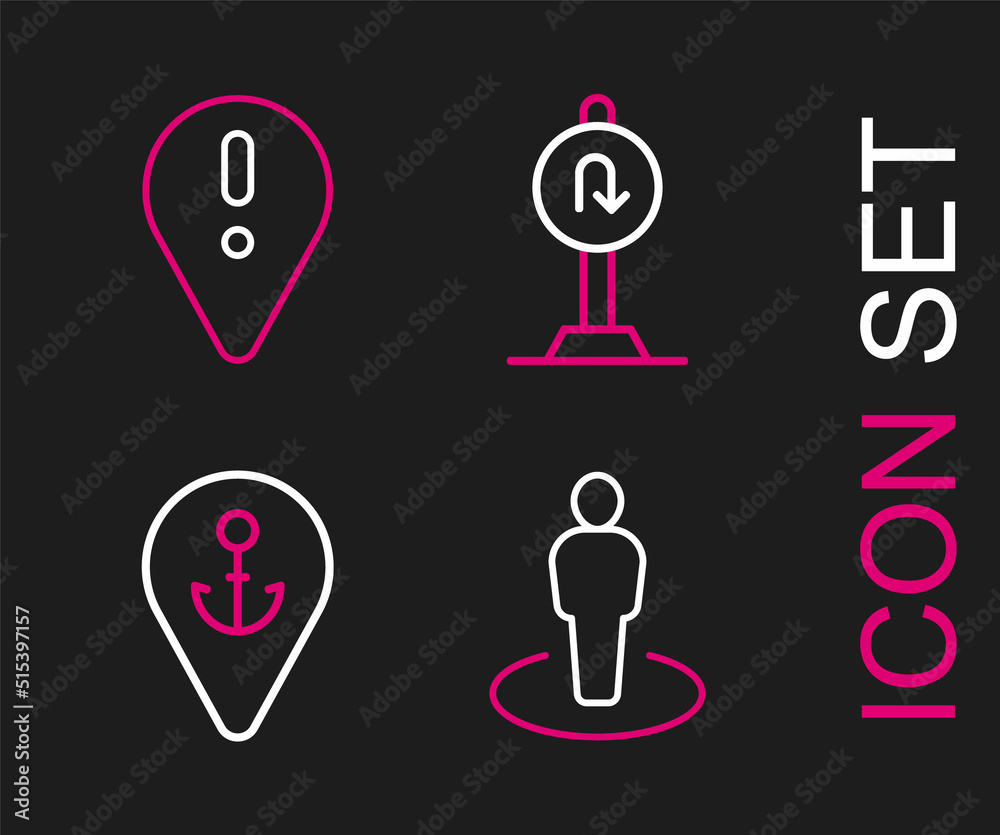 Set line Location with person, anchor, Turn back road sign and exclamation mark icon. Vector Set line Location with person, anchor, Turn back road sign and exclamation mark icon. Vector