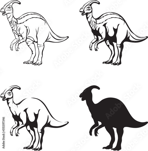 Parasaurolophus  dinosaur realistic image  vector  positions  illustration  black and white  silhouette  logo  trademark  chevron for decoration and design  packaging and posters