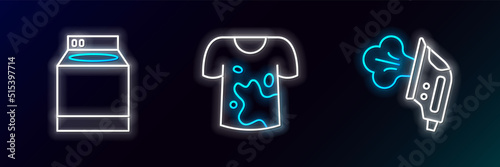 Set line Electric iron, Washer and Dirty t-shirt icon. Glowing neon. Vector