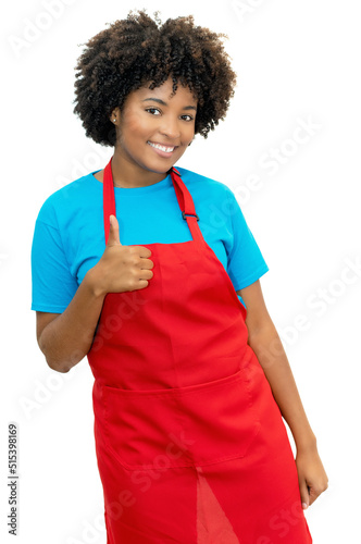 Young african american clerk or waitress showing thumbs up