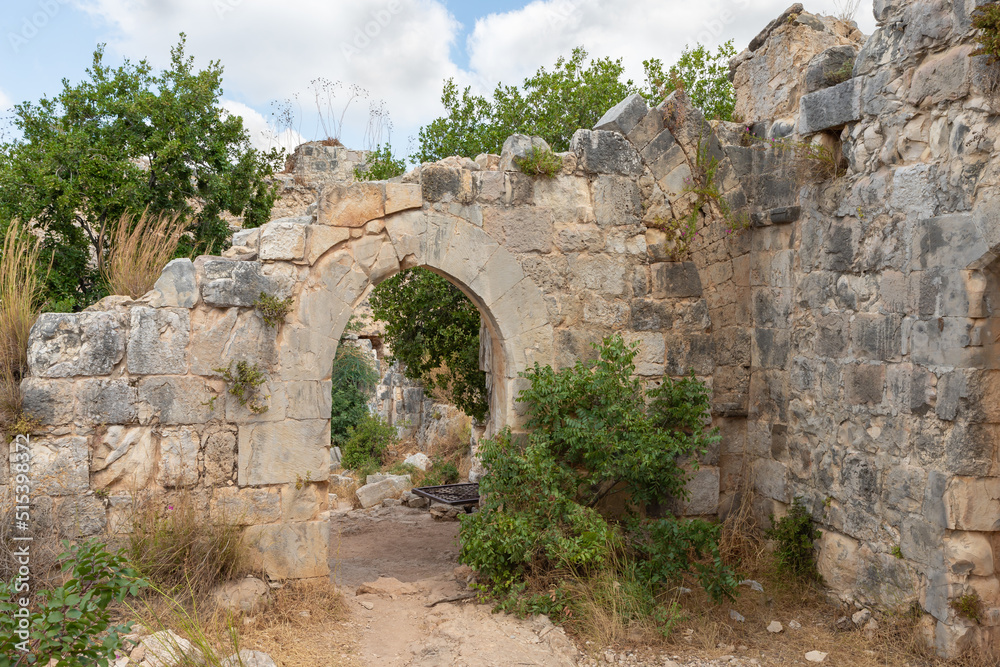 The ruins  of the Monfort fortress are located on a high hill overgrown with forest, not far from Shlomi city, in the Galilee, in northern Israel