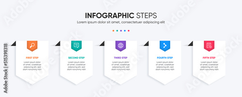 5 steps infographic pentagonal design with folded elements. Colorful infographic presentation design.