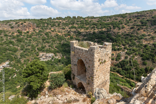 The ruins  of the Monfort fortress are located on a high hill overgrown with forest, not far from Shlomi city, in the Galilee, in northern Israel photo