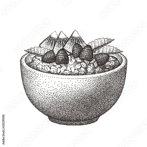 Granola in bowl with kiwi, raspberry, mint leaves. Oatmeal breakfast with fruits, berry, oat grain porridge. Muesli flakes. Vector sketch illustration