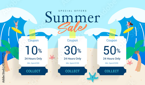 Summer sale coupon template banner vector design. Happy Summer beach