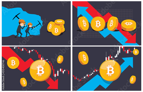 An image of mining bitcoin and a vector illustration representing the rise and fall in the value of bitcoin.