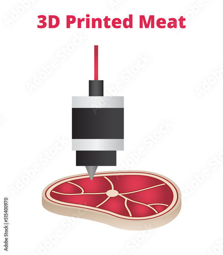 Vector illustration or icon of 3d printed meat or 3d printed steak. Real cultivated muscle cells with fat or plant-based vegan substitute isolated on a white background. Printed meat alternative.