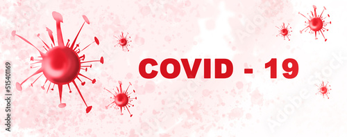 Medical illustration on a white background with covid 19 cells and text in red.