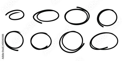 Sketch highlight ovals marke line. Doodle Marker hand drawn highlight scrawl circles . Marker sketch. Highlighting text and important objects. Round scribble frames. Stock vector illustration white.