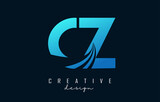 Creative blue letters CZ c z logo with leading lines and road concept design. Letters with geometric design.