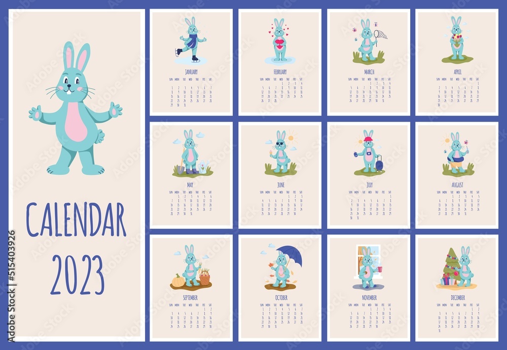 Calendar for 2023 with the character rabbit. The little rabbit is engaged in everyday affairs, a symbol of the year. Flat vector illustration