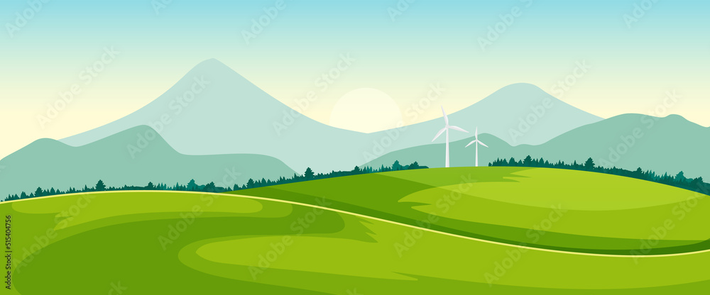 Rural summer landscape with mountains, field and green hills. Beautiful summer landscape in cartoon style. Vector stock