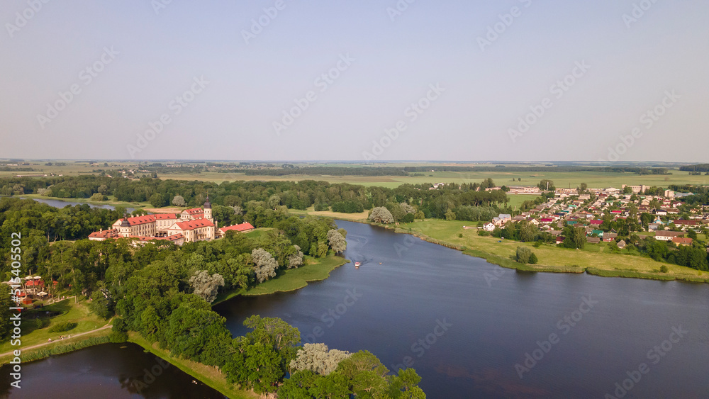 Aerial view of Nesvizh Castle, Belarus. Medieval castle and palace. Restored medieval fortress. Heritage concepts.