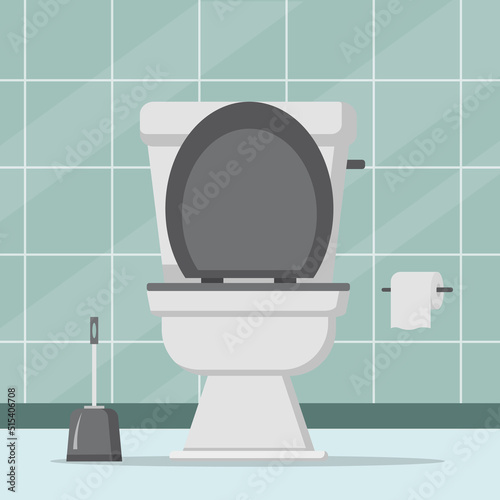 Bathroom interior with Toilet bowl. Toilet bowl with toilet paper roll. Modern toilet set in flat style isolated on white background. Vector stock
