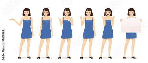 Beautiful young woman character in blue dress set. Pointing, showing, surprised, standing, holding empty blank board isolated vector illustration