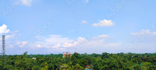 blue sky clear view, background with green trees, hil