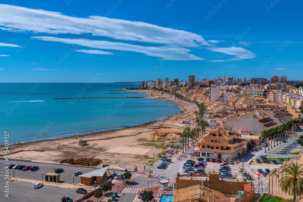 El Campello Alicante Spain near Benidorm elevated view of town beach and seafront with blue sea and sky
