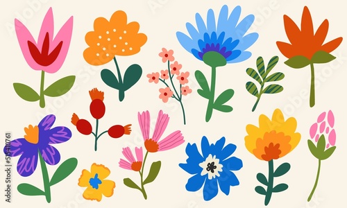 Large set of hand-drawn flowers. Flat design, cartoon, vector illustration.