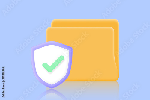 Data security and privacy concept. Folder icon with shield icon and check mark. 3D Vector Illustration.