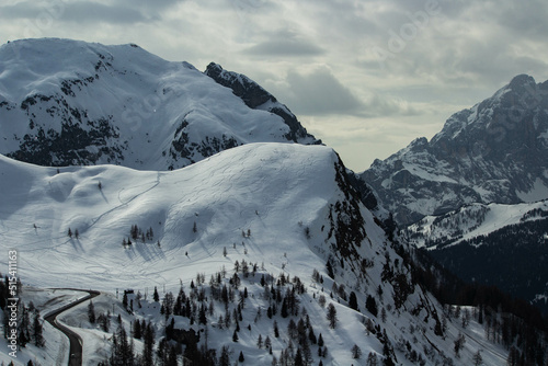 Ski trails left on the snow by climbers in Cortina