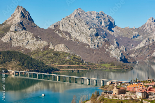 Picturesque mountain and reservoir landscape in Spain. Riano village. Europe