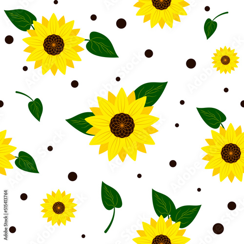 Yellow sunflowers, leaves and dots summer seamless pattern