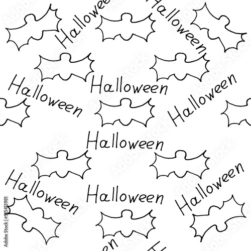 Pattern of bats on a white background with inscription halloween. Halloween concept. Halloween background with bats.