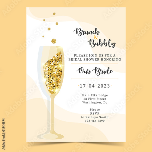 Brunch and Bubbly bridal shower. Vector illustration. Wedding invitation with golden glitter.