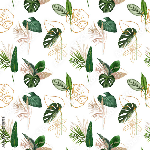 Seamless pattern of green and golden tropical leaves, tropical floral ornament, illustration on white background © nastyasklyarova
