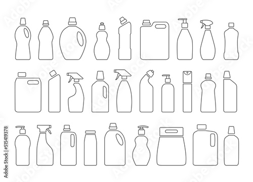 Collection of different cleaning and washing products. Isolated on white background. Modern thin line icons for Web and Mobile. Vector illustration.