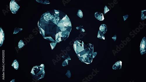 White diamonds fall from the top to bottom on dark background, monochrome. Abstract, white, beautiful crystals falling down.