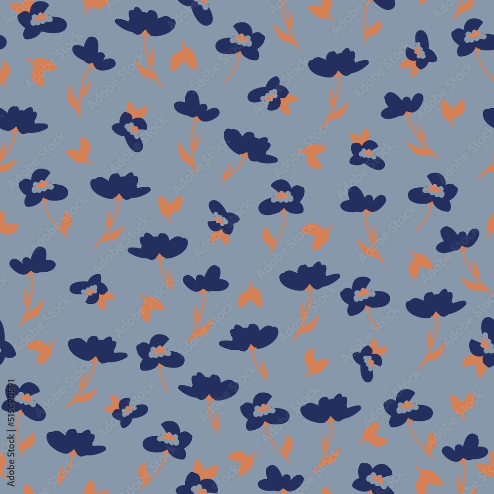 Simple vintage pattern. Dark blue flowers, orange leaves. blue background. Fashionable print for textiles and wallpaper.