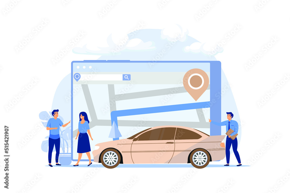 Gps system, cartography display, location on the city map, navigation in the smartphone and tablet, the path is paved to the car. flat design modern illustration